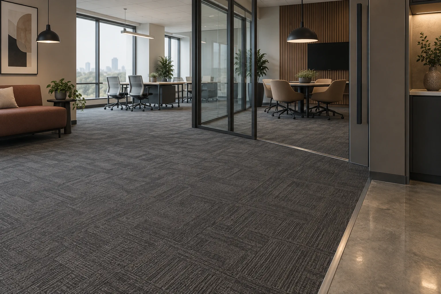 Commercial office with patterned carpet tile and carefully planned material transitions
